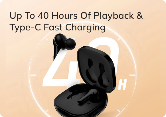 Black wireless earbuds with Type-C fast charging up to 40 hours playback