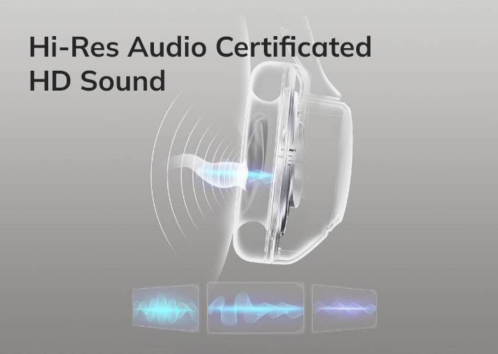 Hi-Res Audio Certified HD Sound earbuds with crystal clear audio waves.