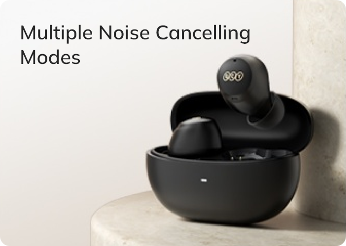 Black wireless earbuds with multiple noise cancelling modes in charging case