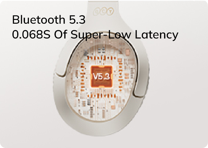 Bluetooth 5.3 wireless earbuds with super-low latency, featuring V5.3 chip for enhanced audio performance and seamless connec