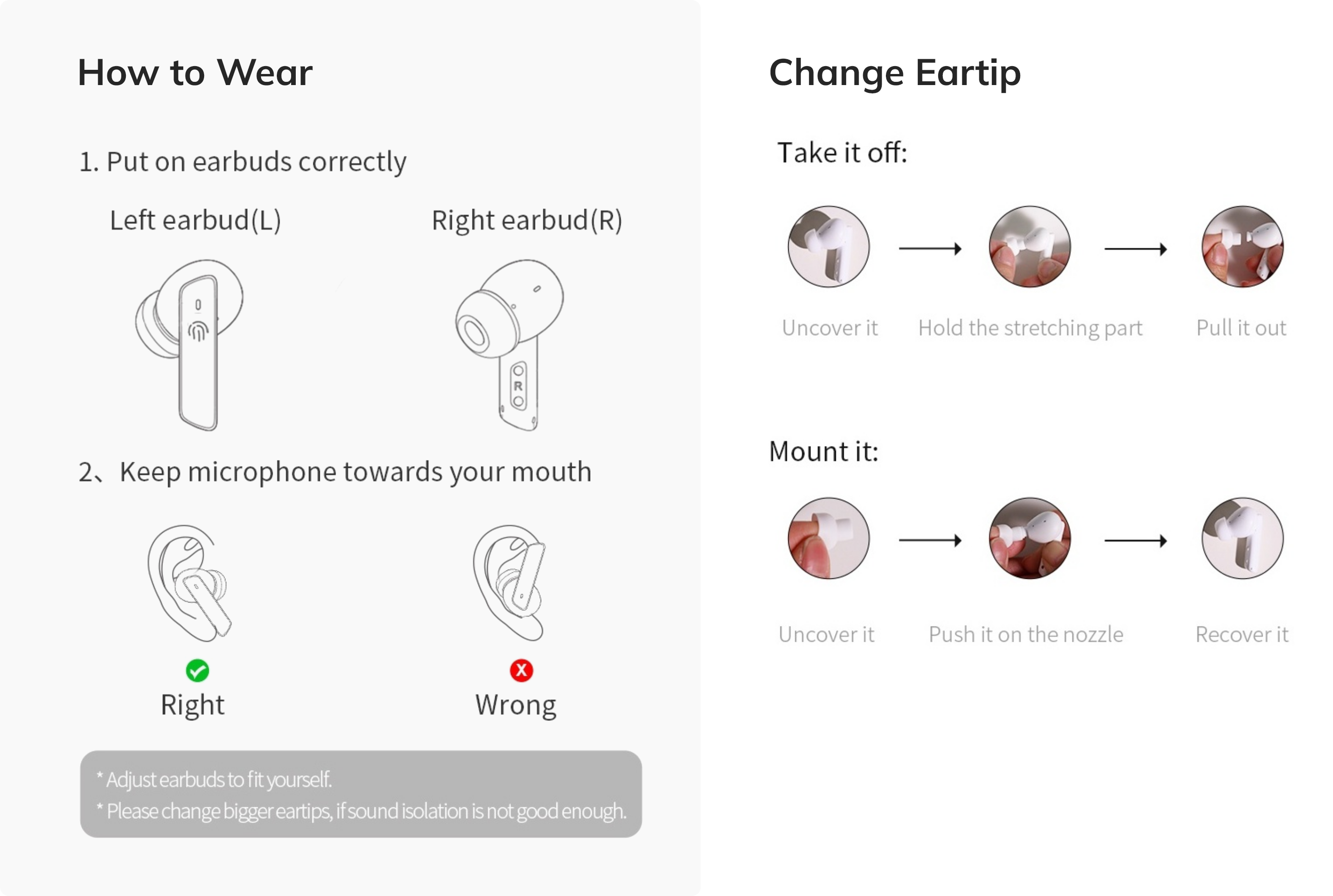 Wireless earbuds instruction guide: how to wear, change eartip, microphone position.