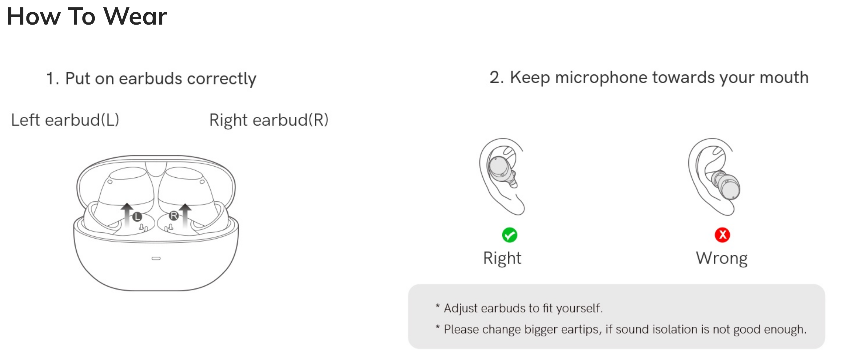 Wireless earbuds how to wear guide: correct left/right placement and microphone orientation for optimal sound.