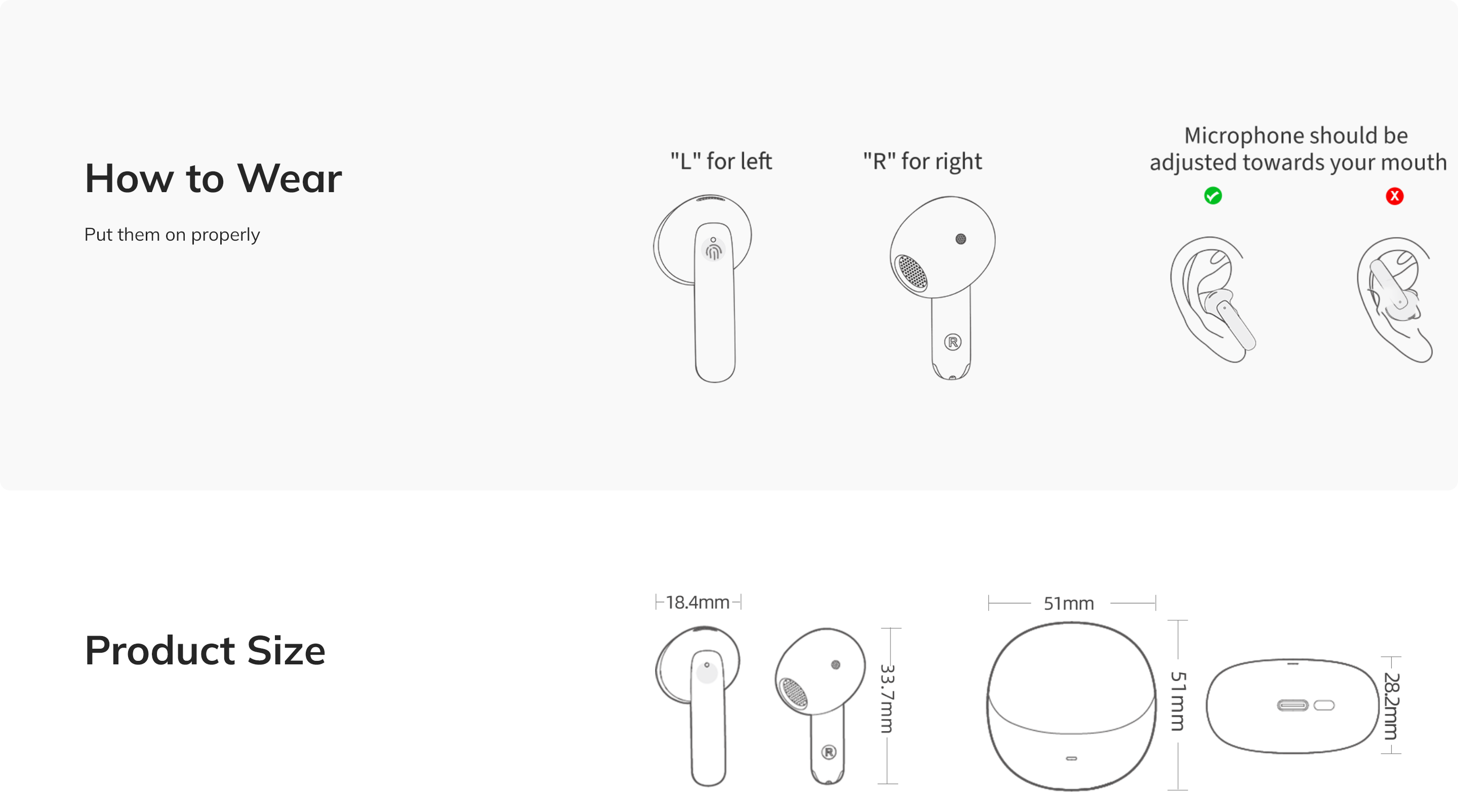 Wireless earbuds wearing guide and product size dimensions