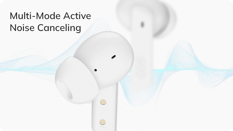 White wireless earbuds with multi-mode active noise canceling, featuring sleek design and blue sound wave graphics.