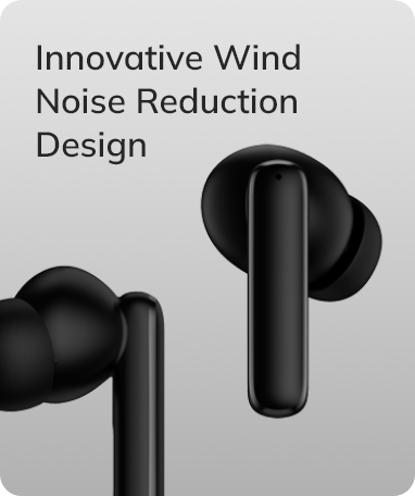 Black wireless earbuds with innovative wind noise reduction design.