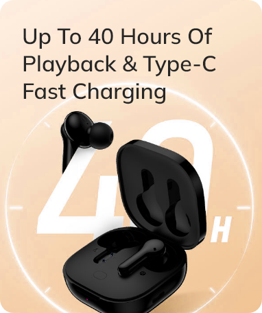 Black wireless earbuds with Type-C fast charging, up to 40 hours playback.