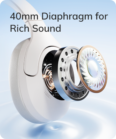 40mm diaphragm headphone driver for rich sound, white wireless earbuds with exposed speaker unit and blue gradient background