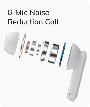 White wireless earbuds with 6-mic noise reduction call technology.