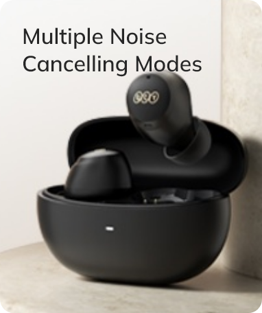 Black wireless earbuds with multiple noise cancelling modes in charging case.