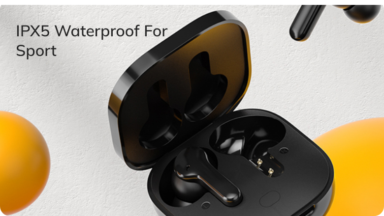 Black wireless earbuds in charging case, IPX5 waterproof for sports.