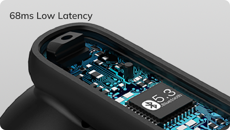 Black wireless gaming mouse with exposed PCB, Bluetooth 5.3 chip, and 68ms low latency for fast responsive gameplay.