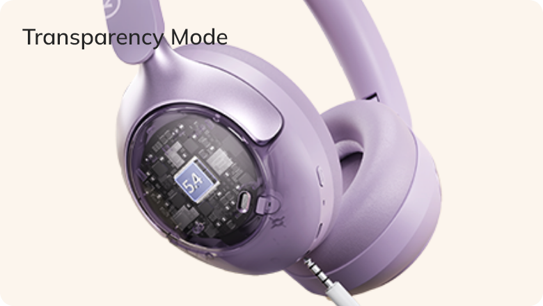 Purple wireless headphones with transparency mode feature