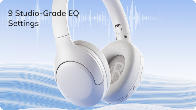 White over-ear headphones with 9 studio-grade EQ settings, floating on blue waves.