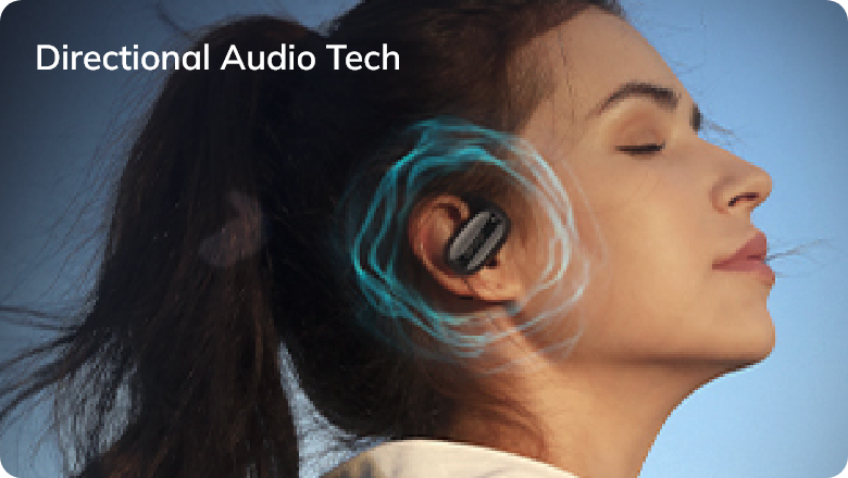 Woman wearing directional audio tech earbuds with blue sound waves, experiencing immersive sound.