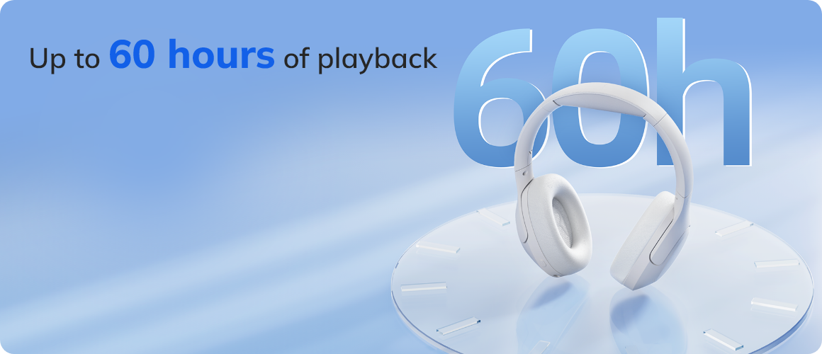 White wireless headphones with 60 hours playback battery life on clock display