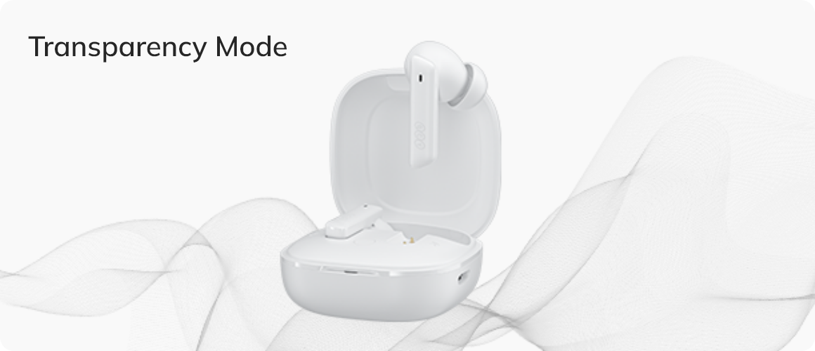 White wireless earbuds in open charging case with Transparency Mode feature.