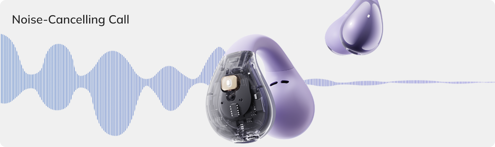 Purple wireless earbuds with noise cancelling call technology and transparent internal components.