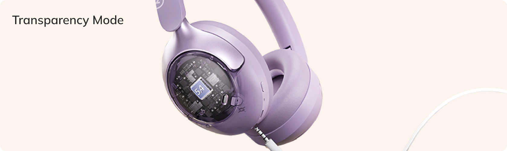 Purple wireless headphones with transparency mode and visible internal circuitry.