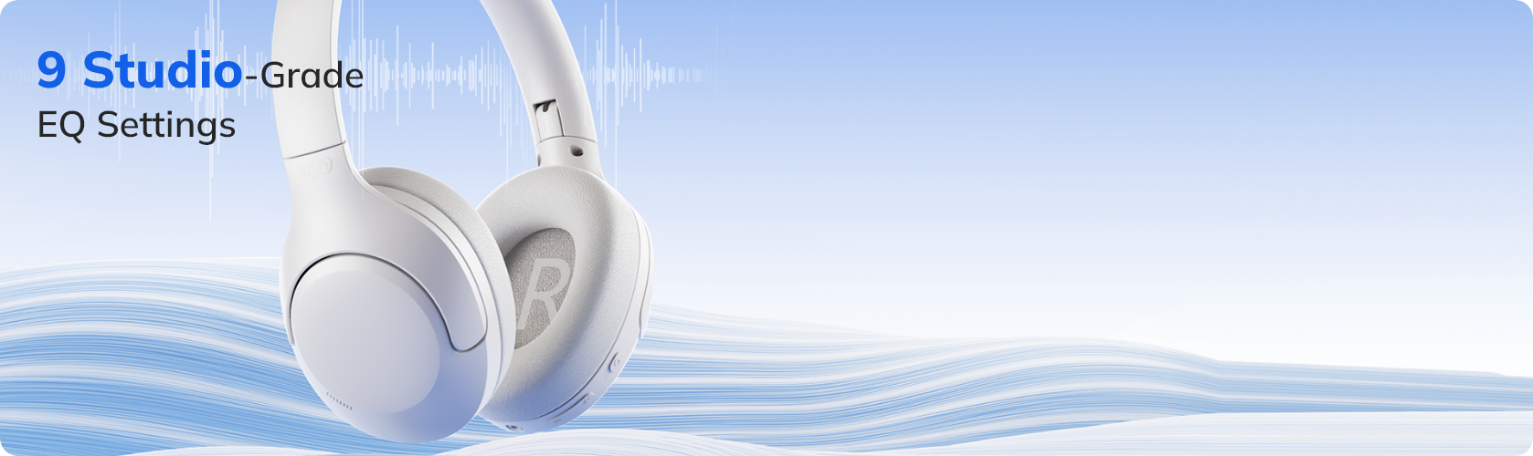 White wireless headphones with 9 studio-grade EQ settings, floating on blue waves against a gradient sky background.