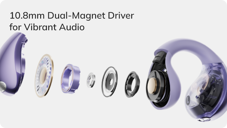 Purple wireless earbuds with 10.8mm dual-magnet driver for vibrant audio, exploded view showing internal components.