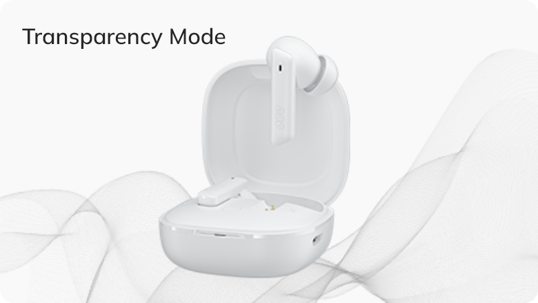 White wireless earbuds with transparency mode in open charging case