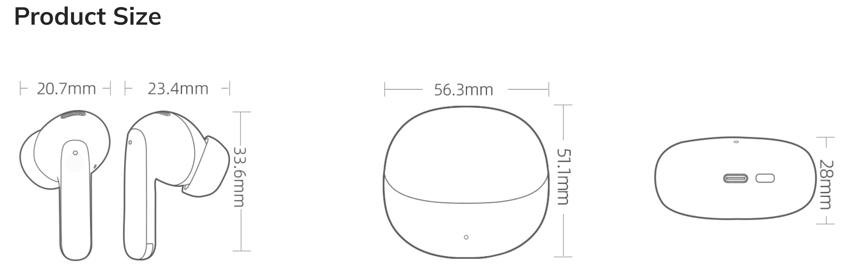 True Wireless Earbuds Product Size Diagram with Dimensions
