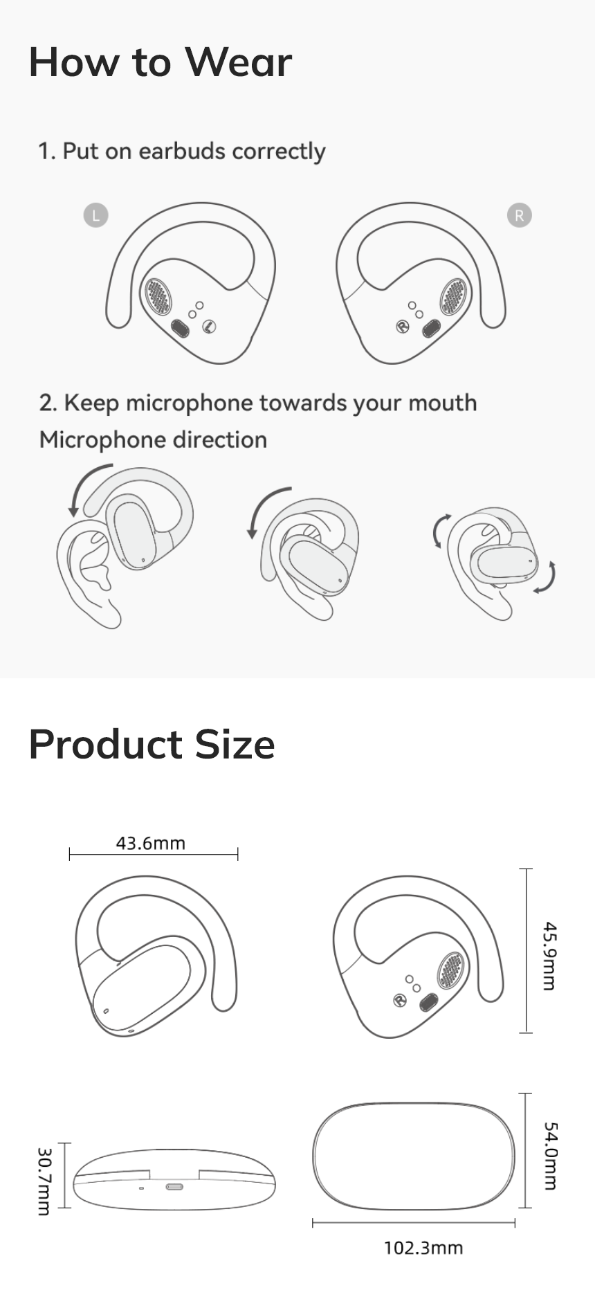Wireless earbuds with secure fit, microphone placement guide & compact charging case dimensions.
