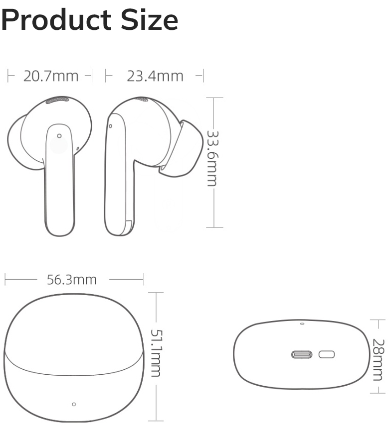 Wireless Earbuds Product Size Diagram with Dimensions