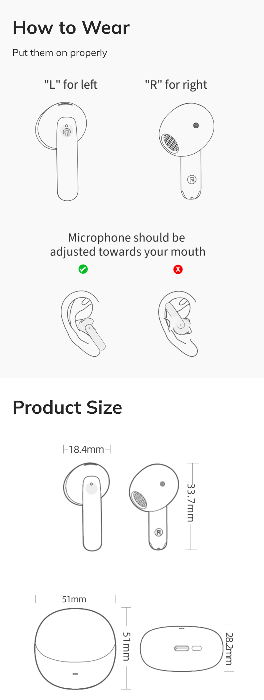 Wireless earbuds how to wear guide with size dimensions for left right fit