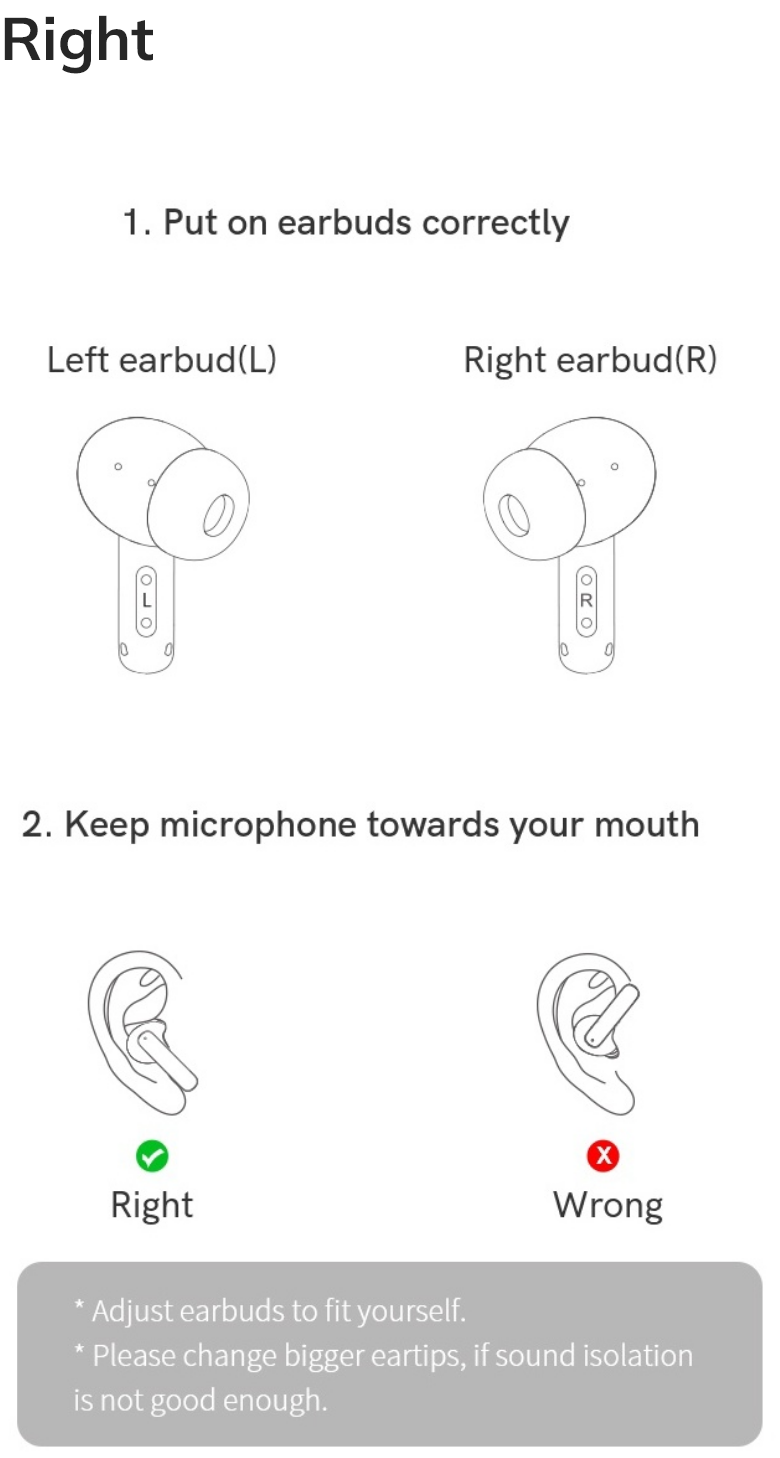 Right earbud installation guide: correct fit, mic direction & eartip tips for optimal sound isolation.