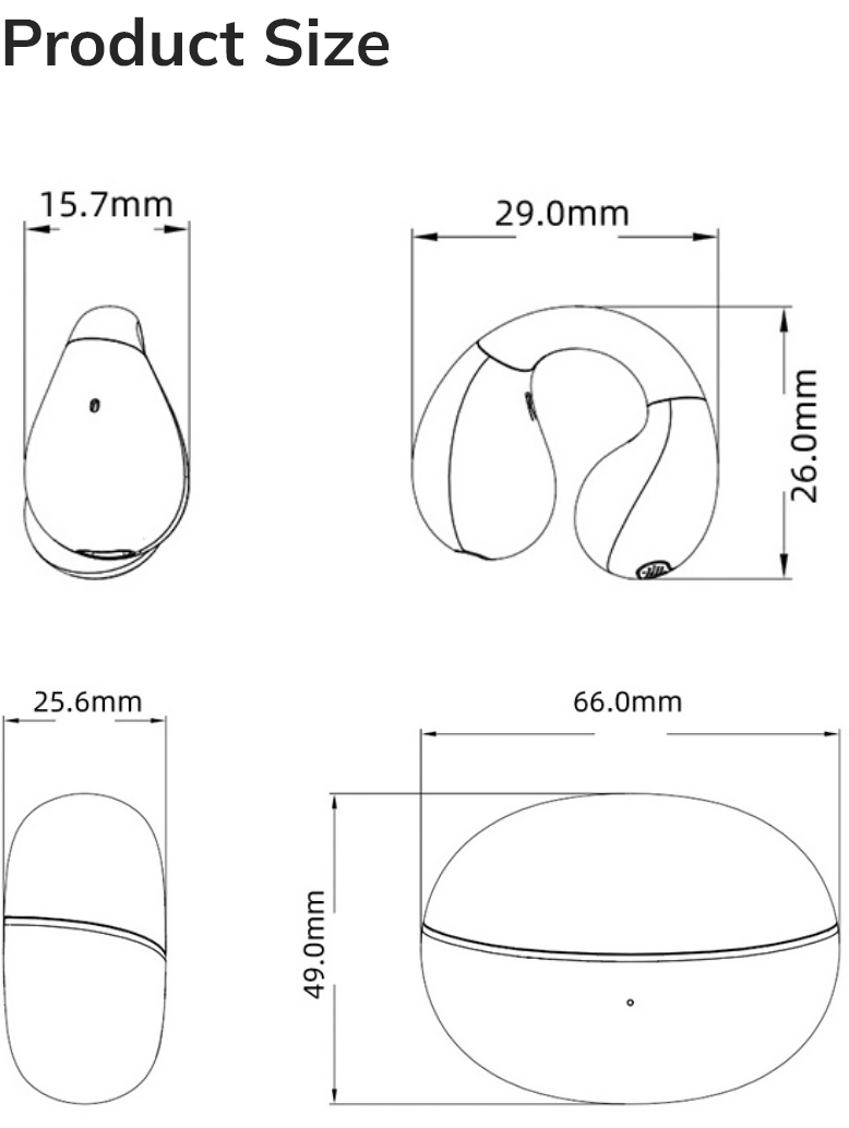 Product size diagram showing dimensions of earbud case and components.