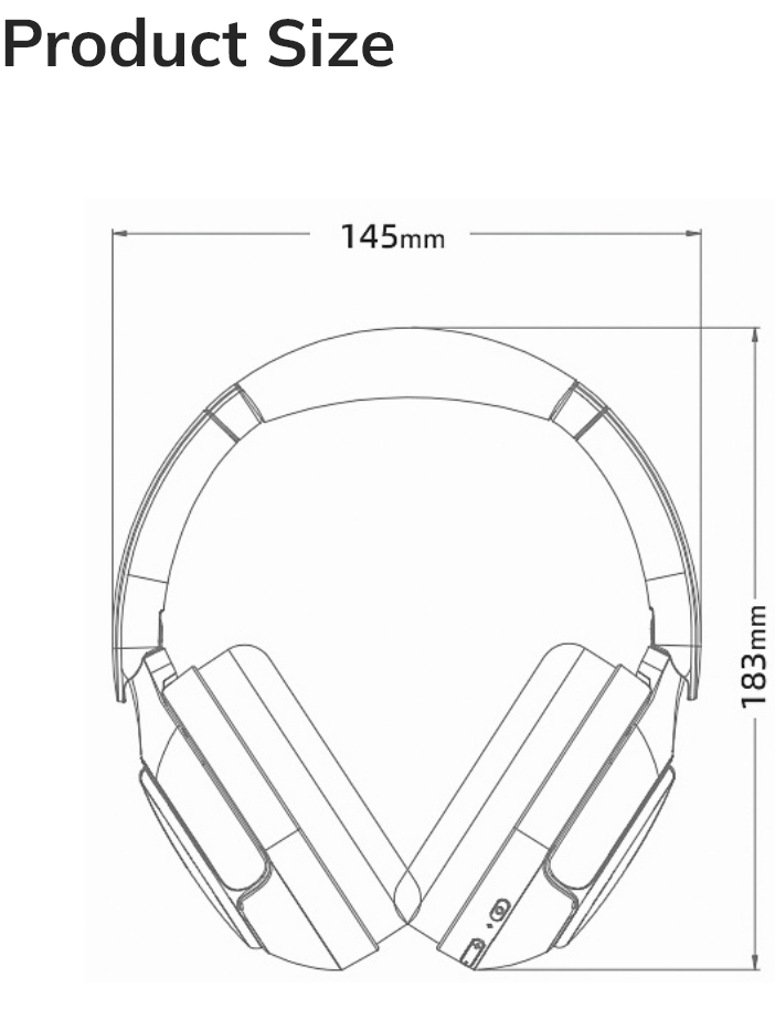 Over-ear headphones product size diagram 145mm width 183mm height
