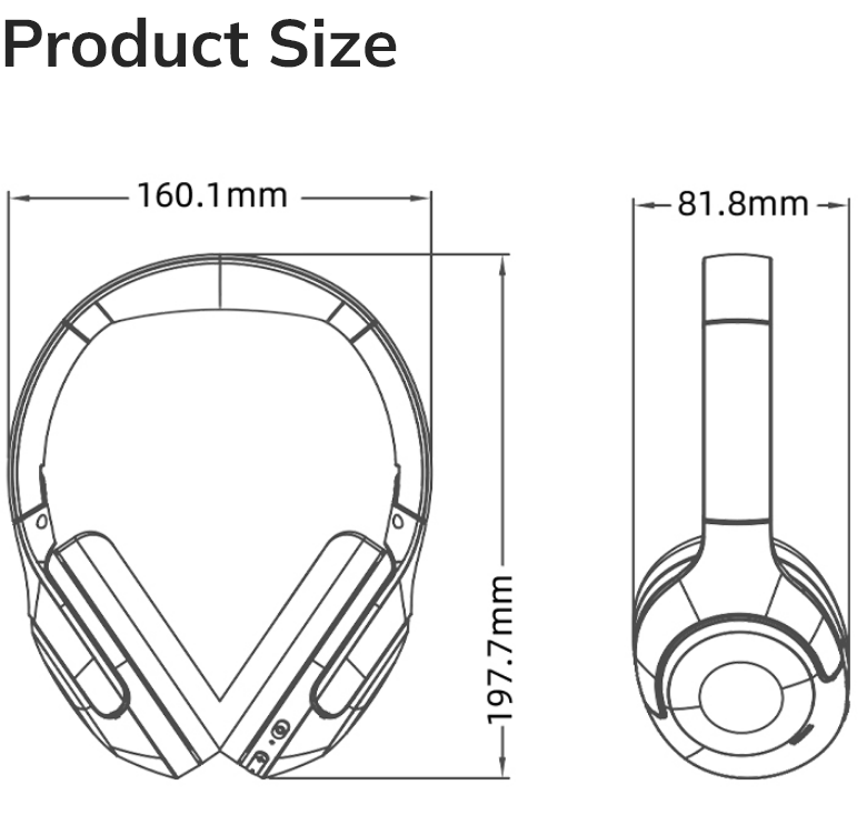 Over-ear wireless headphones dimensions: 160.1mm x 197.7mm x 81.8mm.