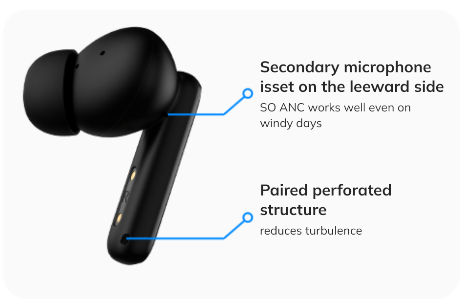 Black wireless earbuds with secondary mic for wind noise reduction and paired perforated structure.