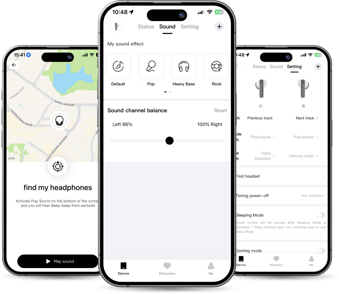 Smart earbuds app interface showing sound effects, channel balance, and device settings on three phone screens.