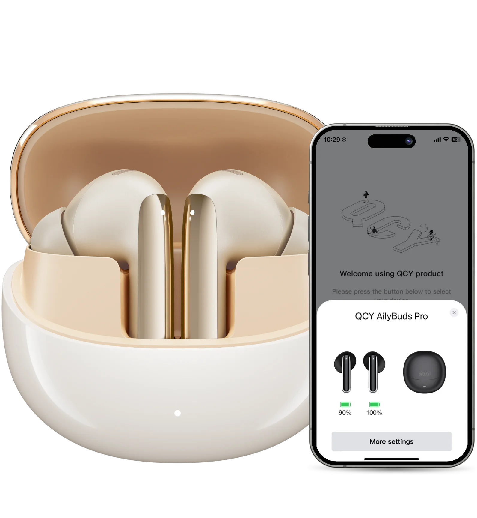 QCY AilyBuds Pro wireless earbuds in cream gold with charging case and app display showing 90% & 100% battery levels.