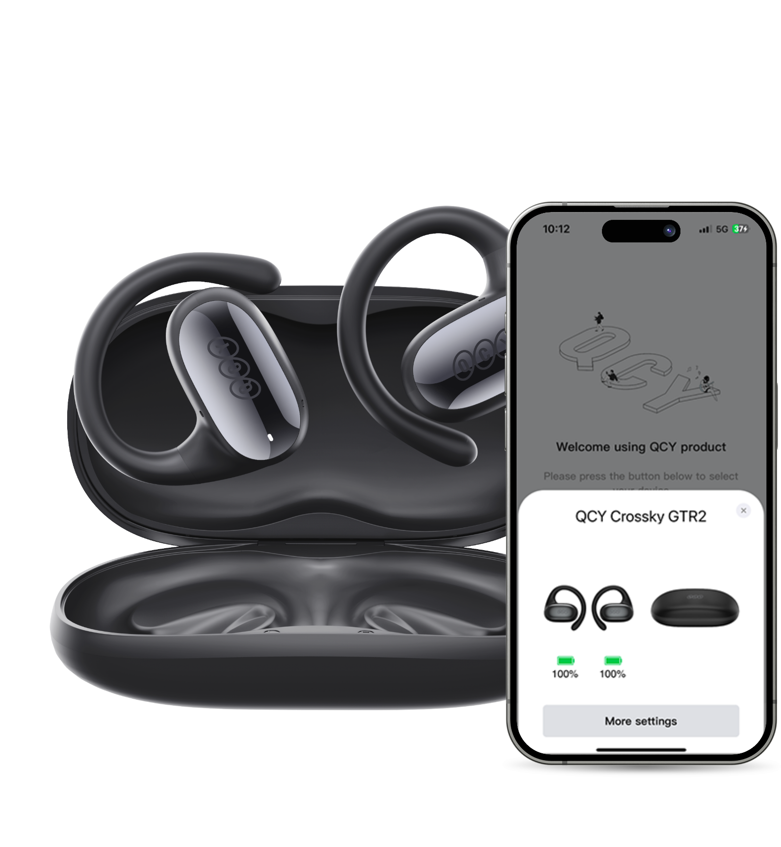 QCY Crossky GTR2 wireless earbuds with charging case, shown with smartphone app displaying 100% battery.