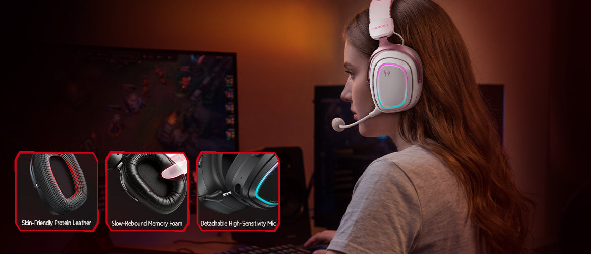 Gamer wearing pink RGB gaming headset with detachable mic, protein leather earcups, memory foam padding.