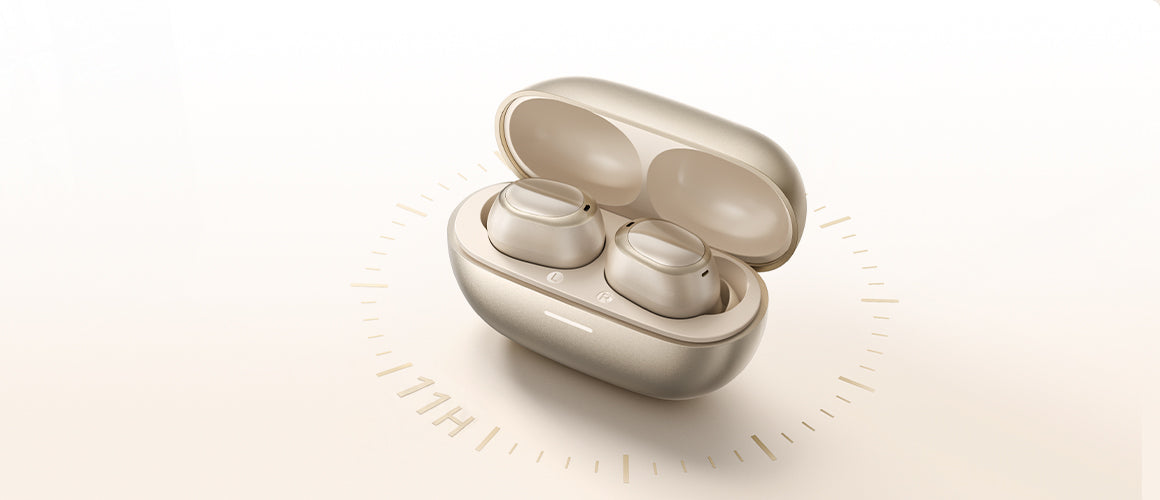 Wireless earbuds in charging case with 11H battery life indicator, sleek beige design for premium audio experience.