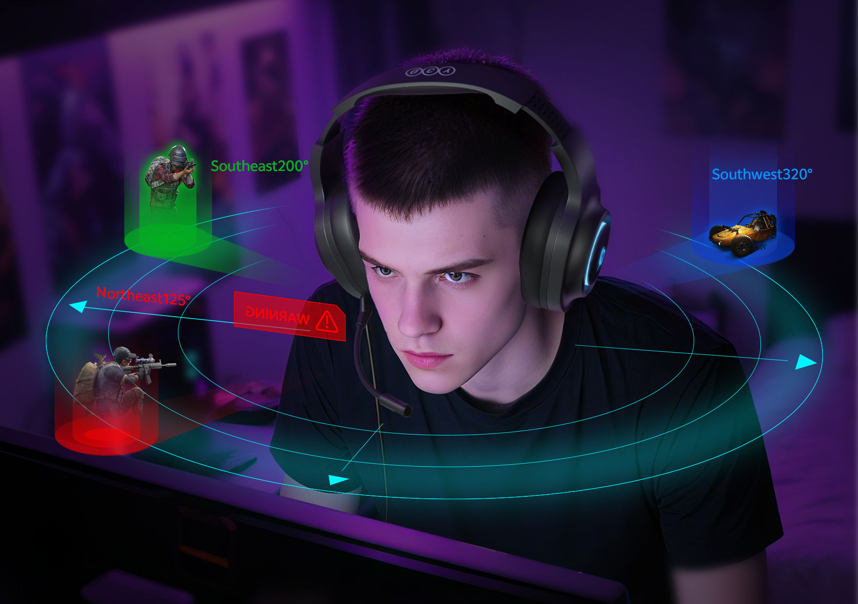 Gamer wearing gaming headset with 3D audio visualization showing directional sound cues for immersive gameplay experience.