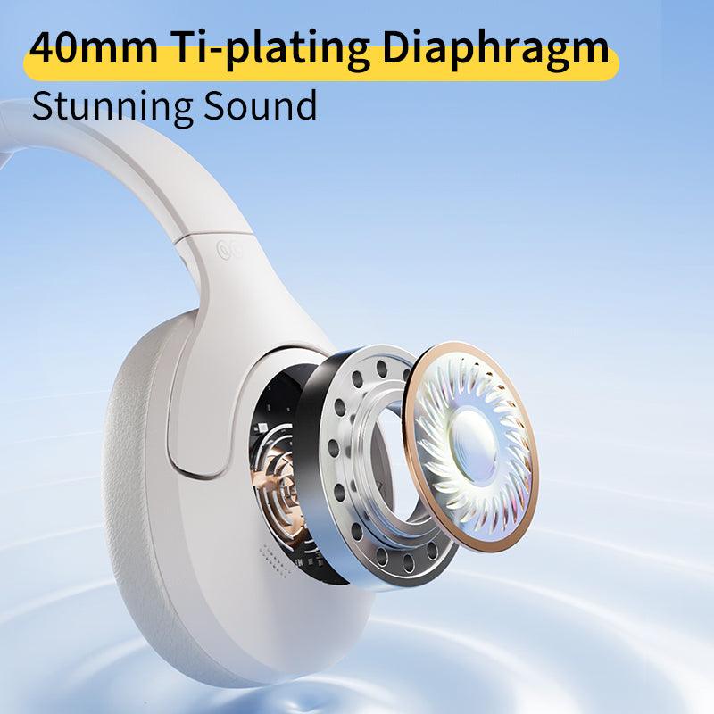 Black QCY H3 Lite headphones with 40mm titanium-plated diaphragm, showcasing stunning sound quality on blue background.
