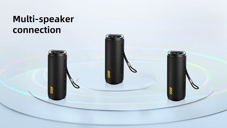Three black portable Bluetooth speakers with multi-speaker connection feature, wireless audio sync for enhanced sound.