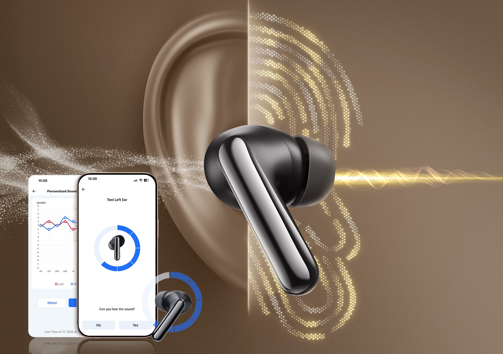 Black wireless earbuds with personalized sound testing app, showing audio calibration for left ear.