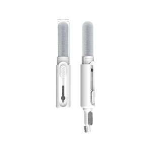 White QCY earbuds cleaning pen, front view showing retractable dual-tip design with soft sponge stick and high-density brush head, transparent cap.