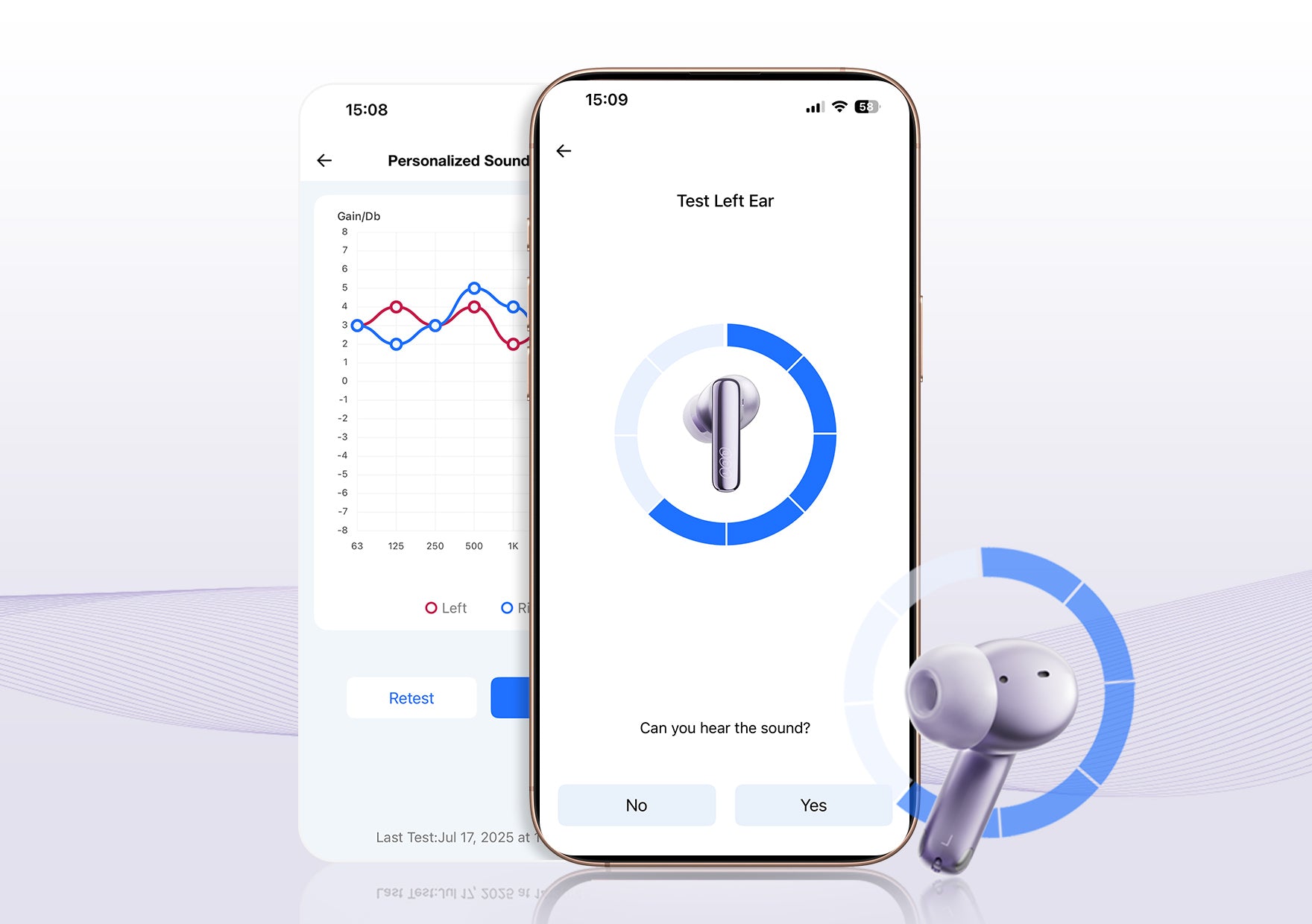 Earbuds with personalized sound test app on smartphone