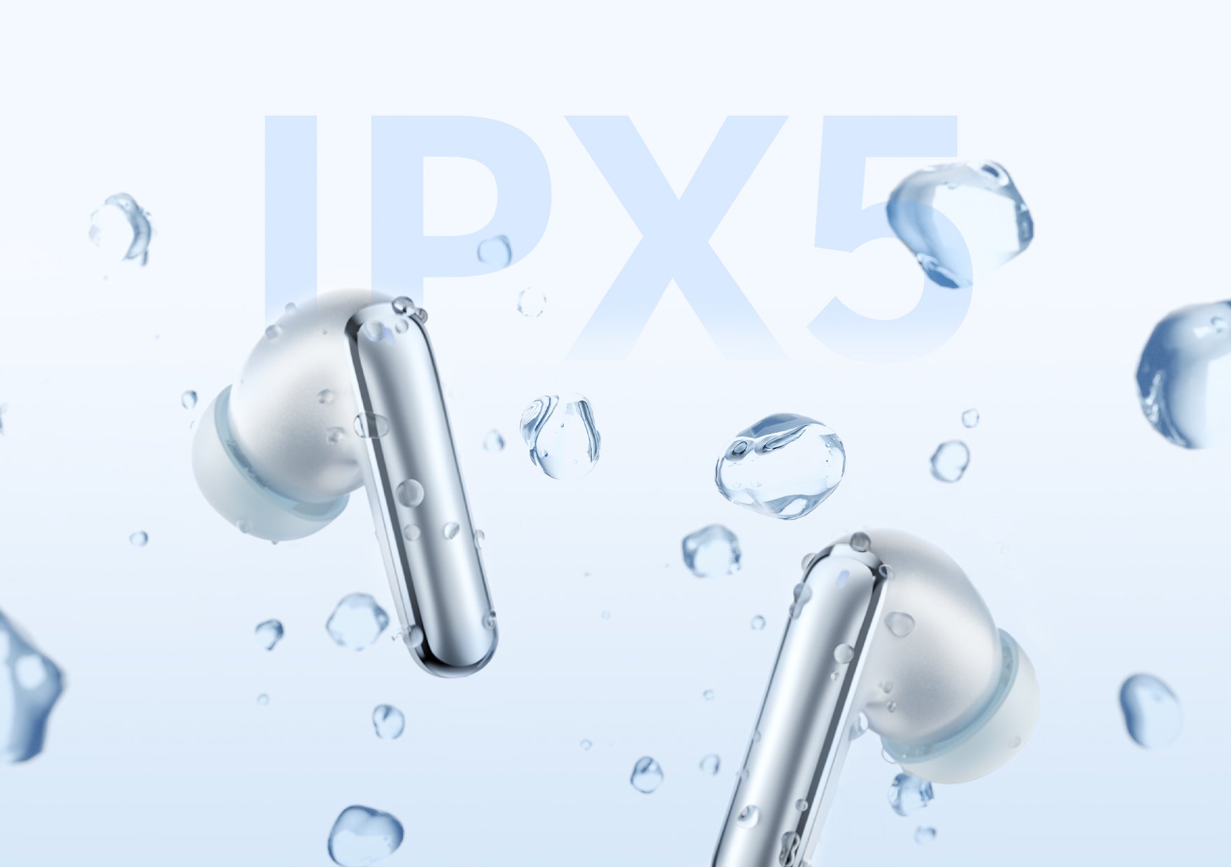 Silver wireless earbuds with IPX5 water resistance shown amidst splashing water droplets for sports and active use.