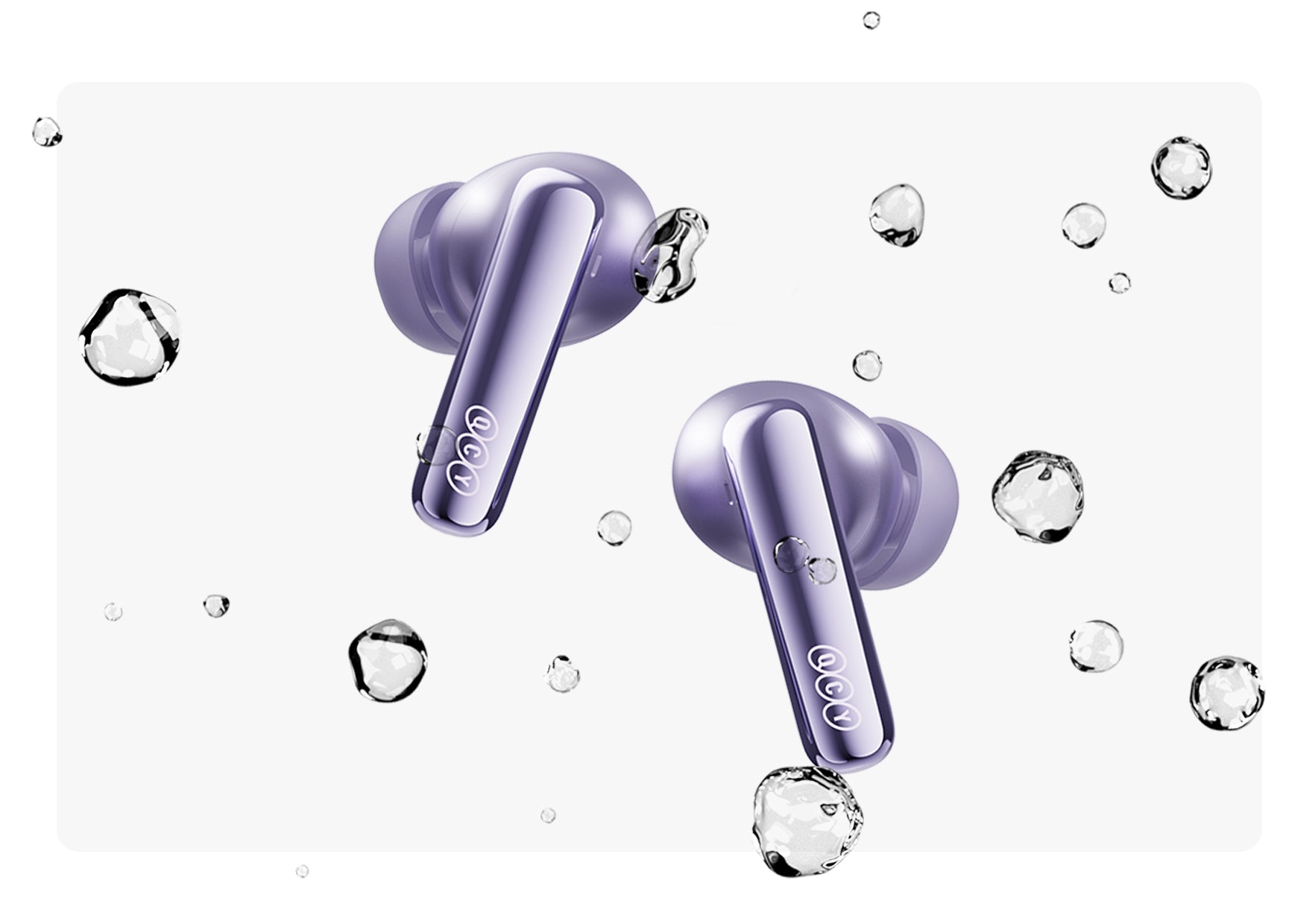 Purple UCY wireless earbuds with water droplets, sleek design for active use.