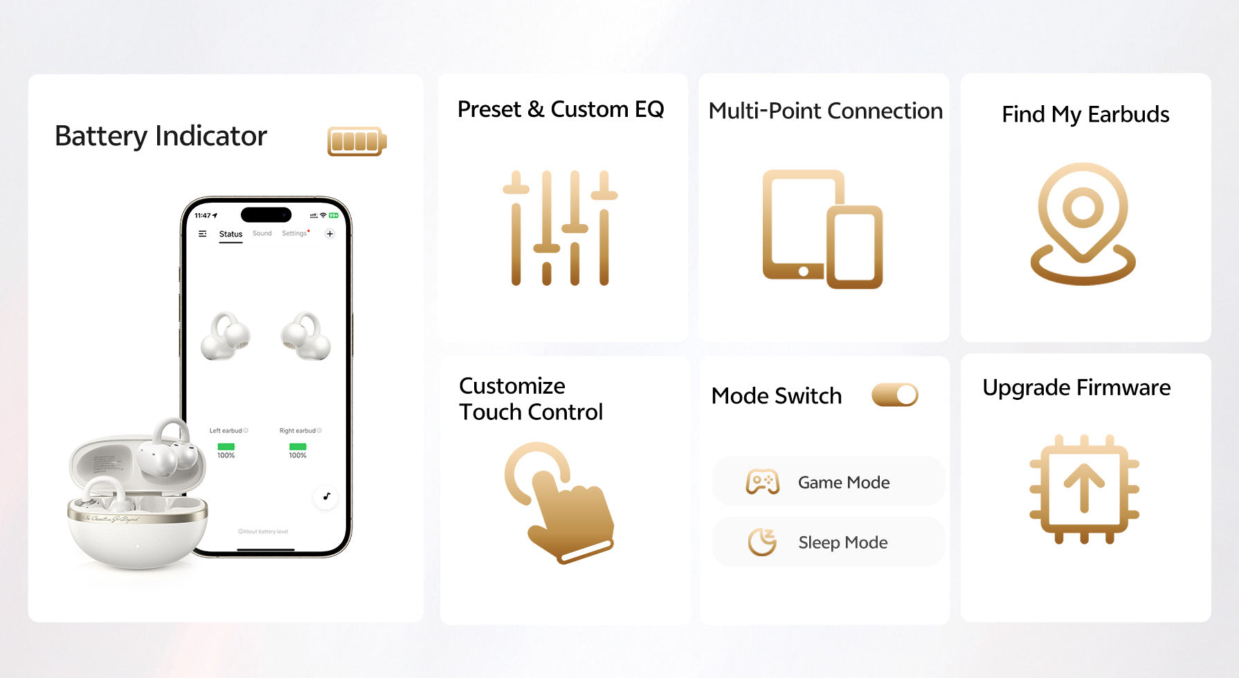 Wireless earbuds app features: battery status, EQ settings, multi-point connection, find my earbuds, touch controls, mode swi