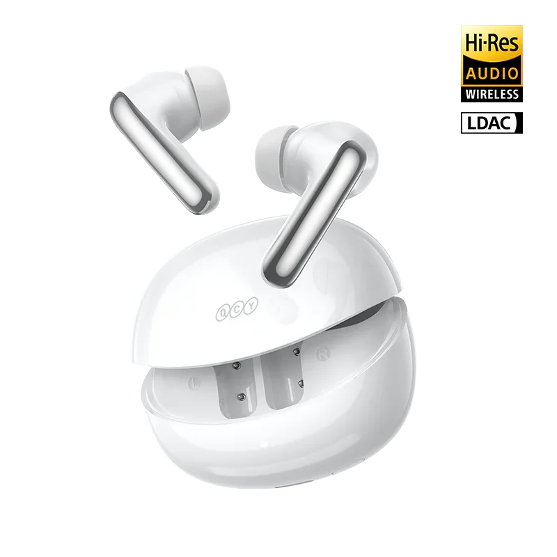 QCY MeloBuds N60 white wireless earbuds floating above the open charging case
