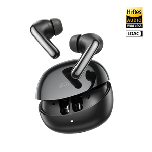 QCY MeloBuds N60 black wireless earbuds floating above the open charging case